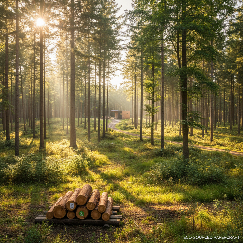 햇살이 내리쬐는 지속 가능한 관리형 산림의 전경을 담은 고해상도 사진으로 제지 원료의 친환경적인 조달 과정을 상징함.