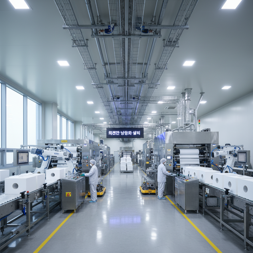 최첨단 자동화 설비를 갖춘 현대적이고 청결한 제지 공장 내부의 파노라마 뷰로 효율적이고 위생적인 생산 라인을 강조함.