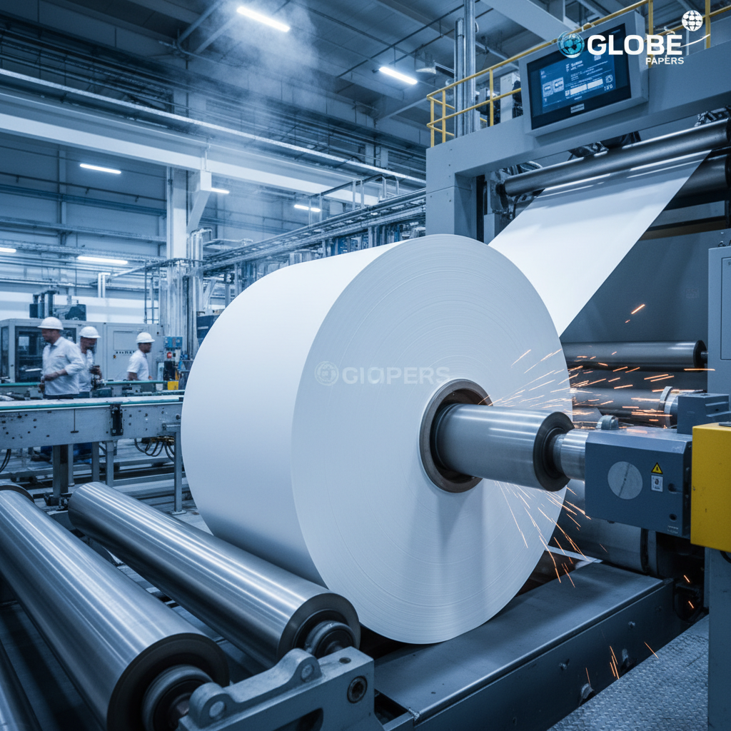 고속으로 회전하는 거대한 종이 롤이 생산 라인을 통과하는 순간을 포착한 역동적인 샷으로 매끄러운 종이 표면과 산업적 활기를 보여줌.