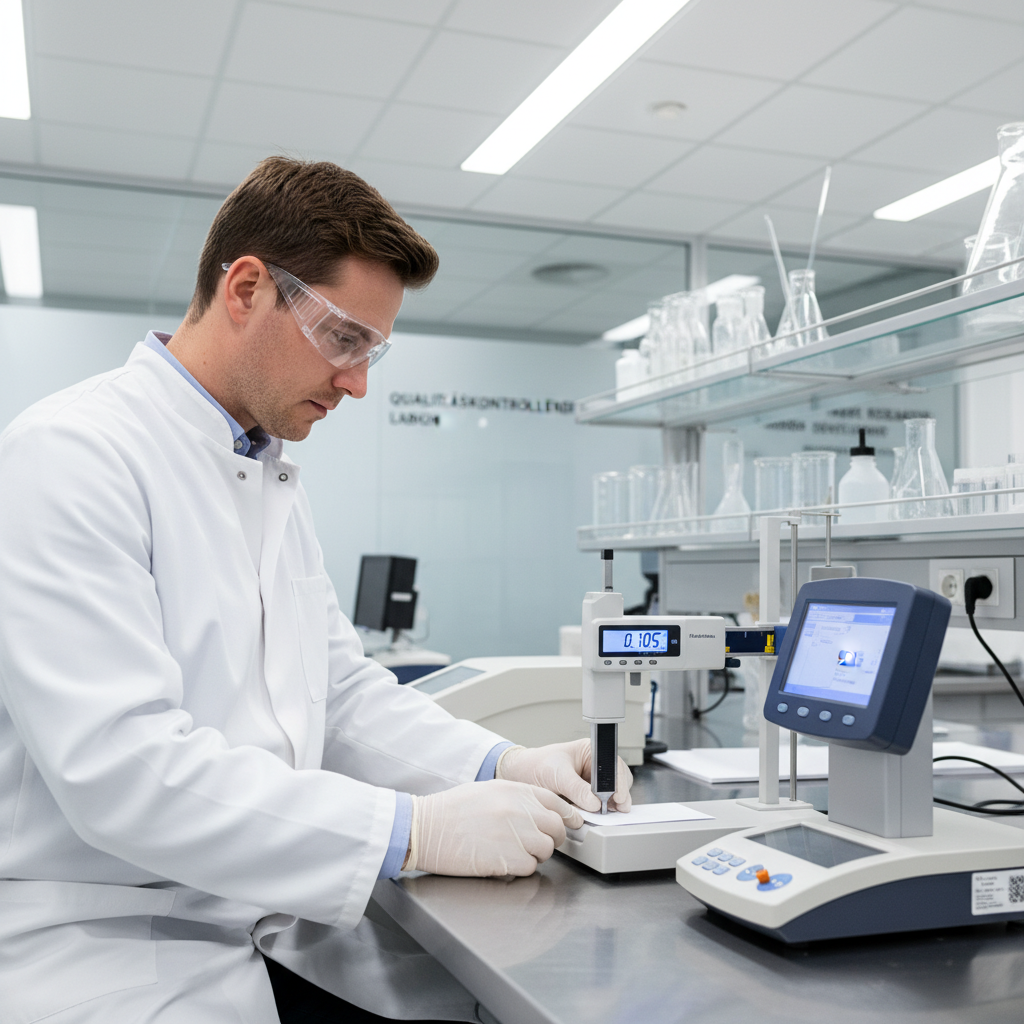 품질 관리 연구소에서 전문가가 정밀 기기를 사용하여 종이의 두께와 불투명도를 측정하는 전문적인 연구 및 개발 장면.