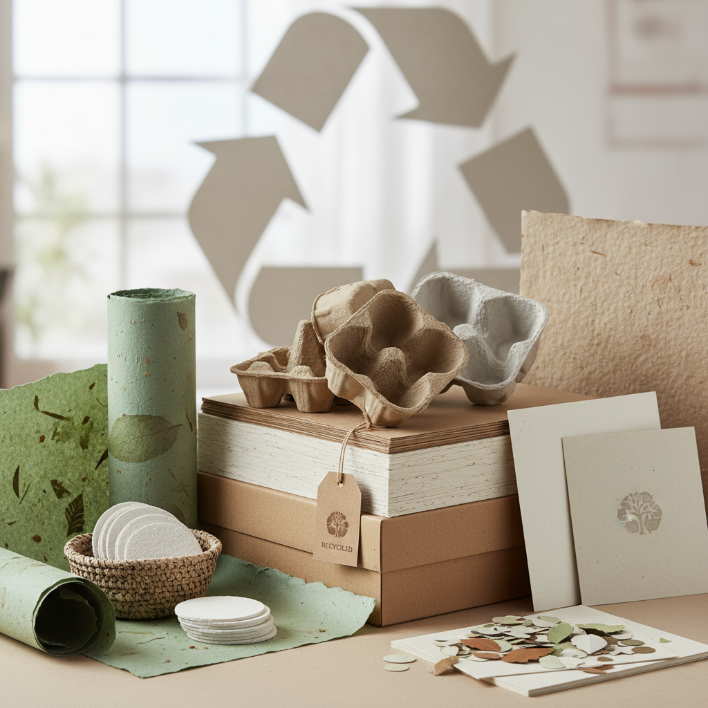 다양한 질감의 재생 종이 제품들이 감각적으로 배치된 이미지로 제지 회사의 자원 순환과 환경 보호 노력을 시각적으로 전달함.