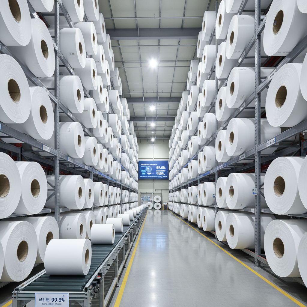 깨끗하고 체계적으로 정리된 창고에 높게 쌓인 거대한 백색 종이 롤들의 대비가 강한 사진으로 대규모 생산 능력과 신뢰성을 상징함.