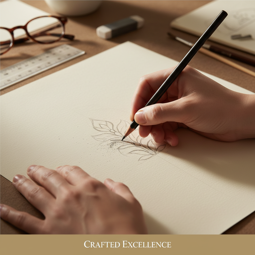 고급스러운 질감의 종이 위에 디자이너가 스케치하는 손을 클로즈업한 이미지로 최종 소비자가 느끼는 종이의 품질과 예술적 가치를 조명함.
